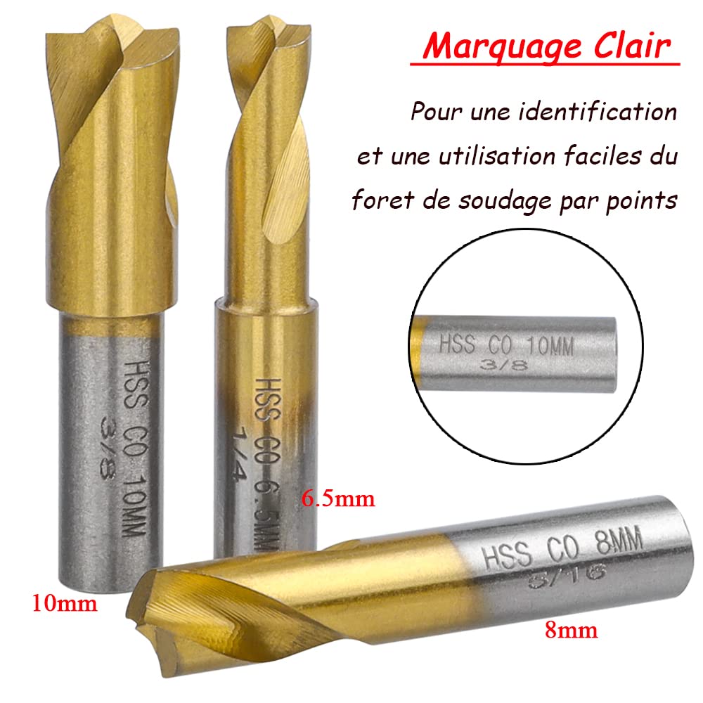 Mesee Lot de 3 Forets à Souder par Point HSS CO Plaquée en Titane 6.5mm/8mm/10mm