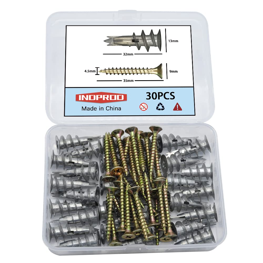 Indprod Zinc Self-Drilling Drywall Anchor Kit with Screws,30pcs Heavy Duty Metal Wall Anchors Kit,Hollow-Wall Anchor Kit and Galvanized Phillips Drive