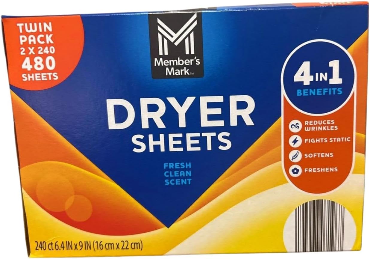 Dryer Sheets, Fresh Clean Scent, Twin Pack, 480 Sheets Total, 4-in-1 Reduces Wrinkles, Fights Static, Softens, Freshens