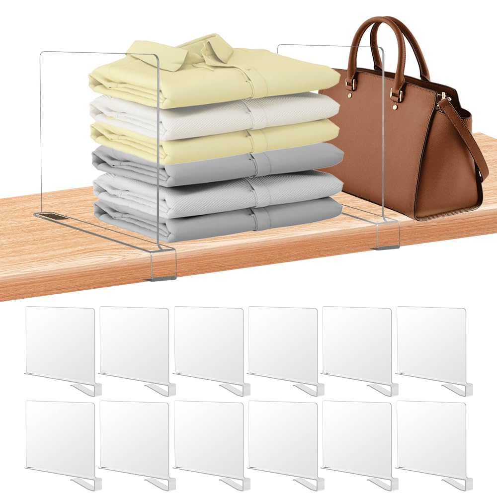 xydstay 12 Pack Acrylic Shelf Dividers for Closet Organization, Purse Organizers for Closet, Clothing Dividers, Handbag Organizers for Shelves