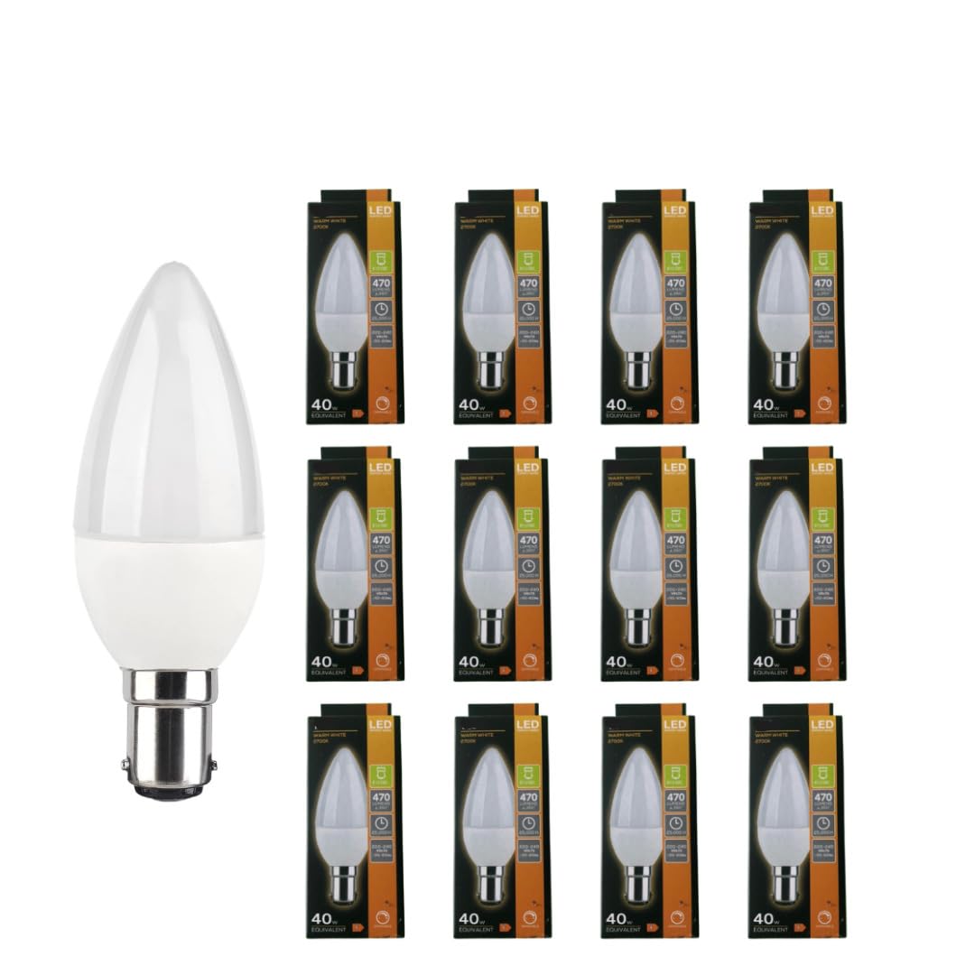 12 X Candle 4.4W Light Bulb Bc Warm White Long Life Quality 2700K B22 for Any Space | Energy Saving Lamps Bulb for Daily Use | Suitable for Ceiling Lights and Decorative Home Lighting