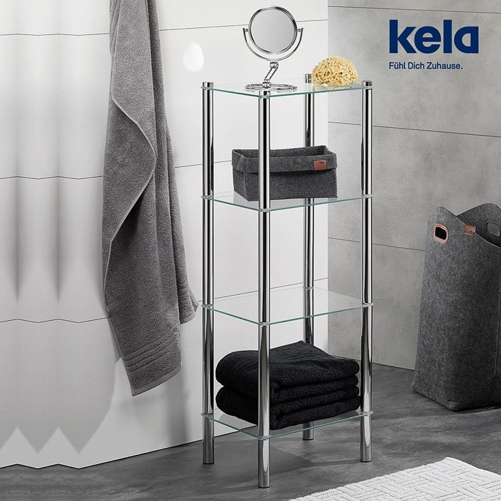 kela Badezimmer Regal 30 x 40 x 107 cm LARS, Metall Badregal stehend, 4 Etagen, Sicherheitsglas, verchromt