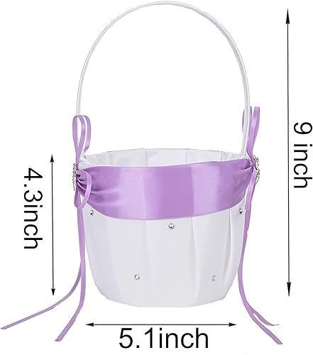 Miniatura 3 de Juego de 2 almohadas de anillo y cesta de niña de las flores con diamantes de imitación de corazón doble para decoración de boda-lavanda