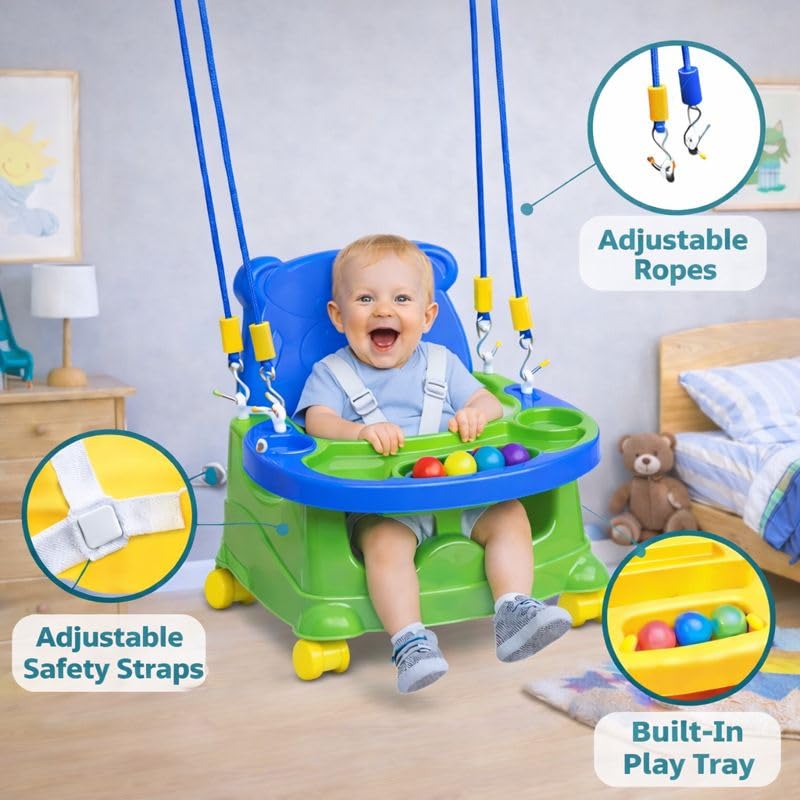 Braintastic Baby Booster Seat Cum Hanging Swing for Kids | 2-in-1 Toddler Feeding Chair with Tray, Rope and Wheels | Plastic Baby Seat for Infants 6 Months to 3 Years (Green) 1