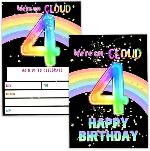 Invitación de fiesta de 4 cumpleaños para niña, invitación de cumpleaños temática de arco iris para niños, celebración de fiesta, suministros de