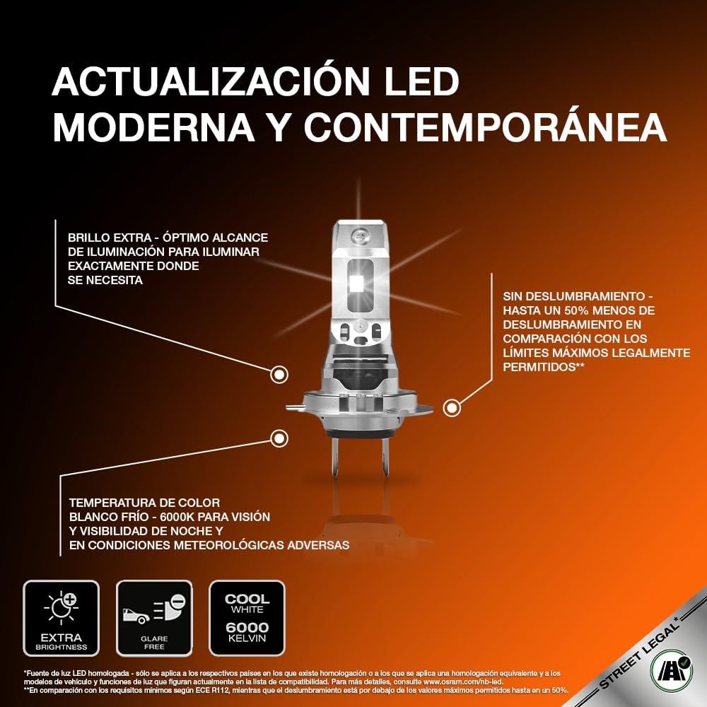 OSRAM NIGHT BREAKER LED SPEED H7 450, LED de luz de carretera y de cruce homologado para calle, hasta un 450% más de brillo, 6000K, sin necesidad de accesorios mecánicos, LEDEC02 integrado