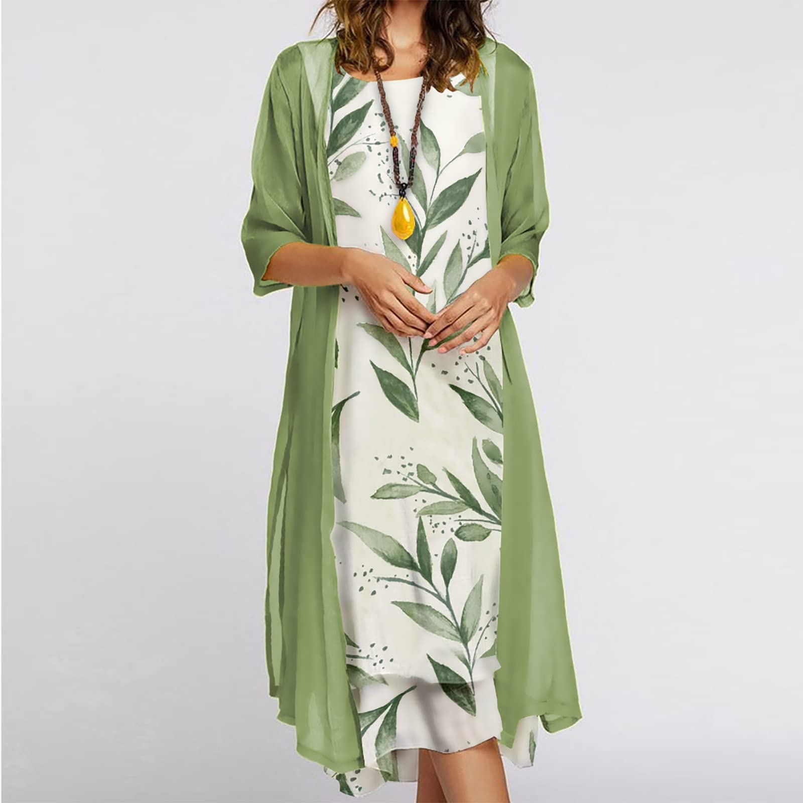 2 pezzi Set di Maxi Maxi Abito Lungo Due Pezzi Boho Vintage Stampa Floreale 3/4 Manica di Grandi Dimensioni in Chiffon Cappotto Cardigan Lungo e Sexy Abito da Spiaggia Senza Maniche
