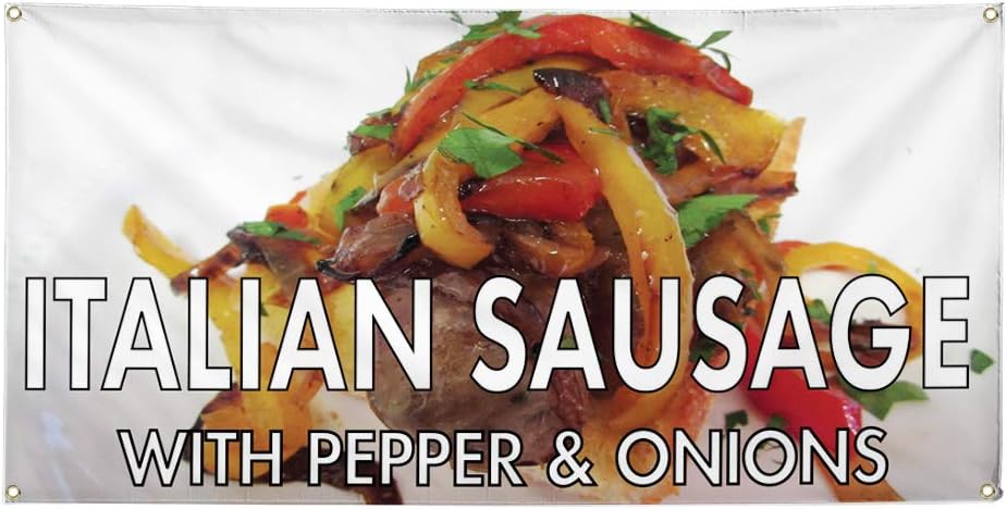 Vinyl Banner Multiple Sizes Italian Sausage with Pepper & Onions Restaurant & Food Outdoor Weatherproof Industrial Yard Signs Red 4 Grommets 16x40Inches