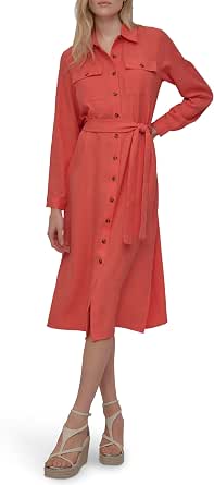 DKNY Women's Long Sleeve Collared Tie Waist Midi Shirtdress