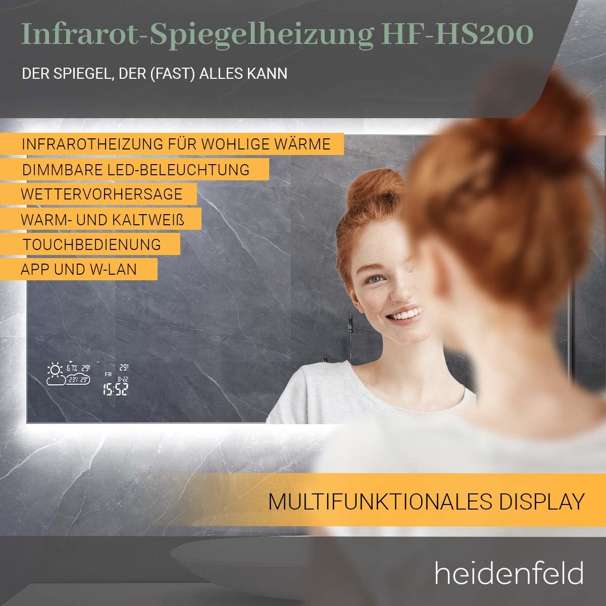 Heidenfeld Spiegel Infrarotheizung | HF-HS200 mit Touchpanel - 𝟭𝟬 𝐉𝐀𝐇𝐑𝐄 𝐆𝐀𝐑𝐀𝐍𝐓𝐈𝐄 - 200 Watt - 60 x 60 cm - WiFi Badspiegel - Badezimmerspiegel - Infrarot Heizung Spiegel - Wandheizung