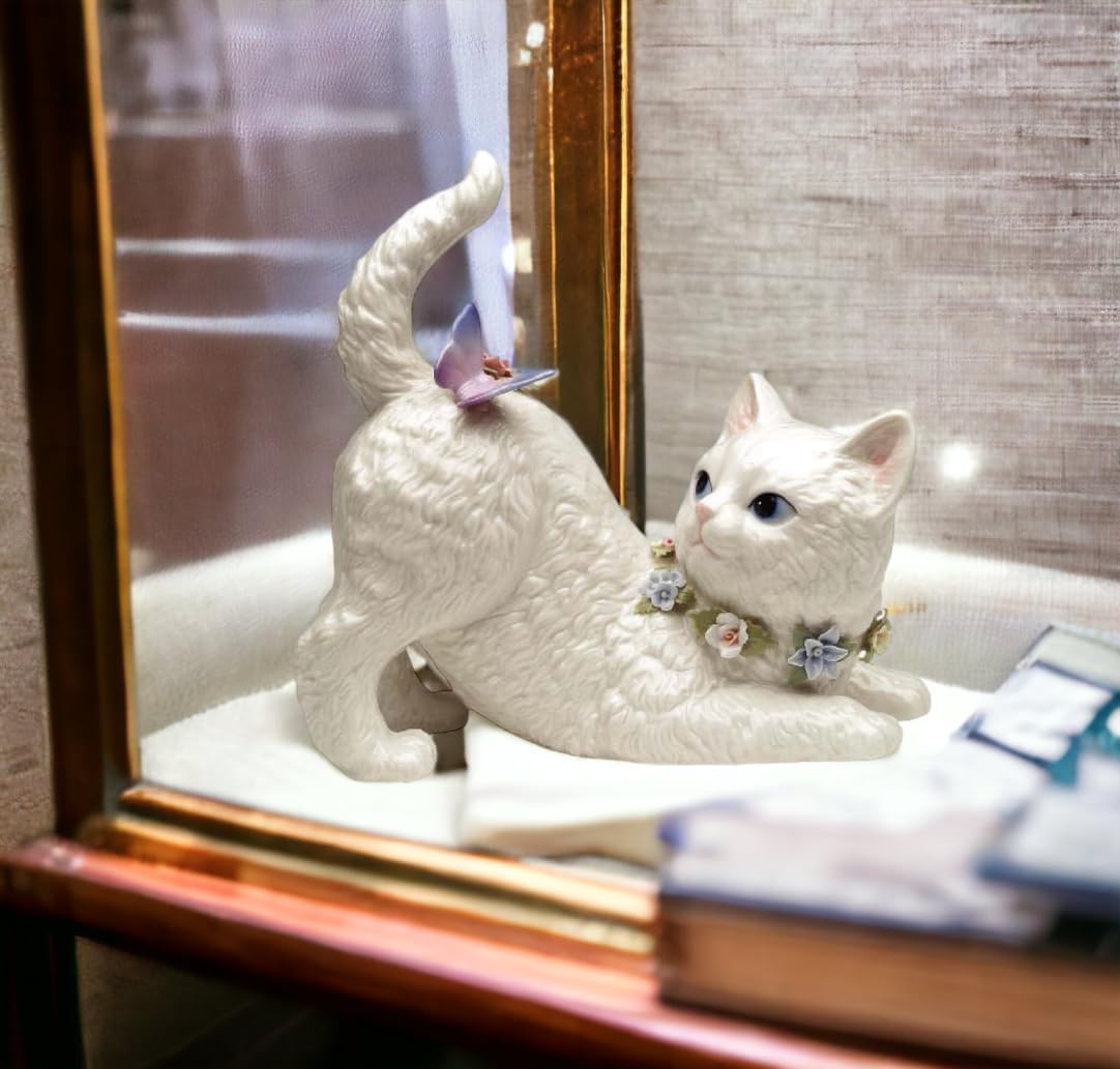Cosmos Gifts SA49116 Fine Porcelain White Persian Cat with Flowers Watching Butterfly Resting on It Musical Music Box Figurine (Music Tune: Younger Than Springtime), 7-3/8" H