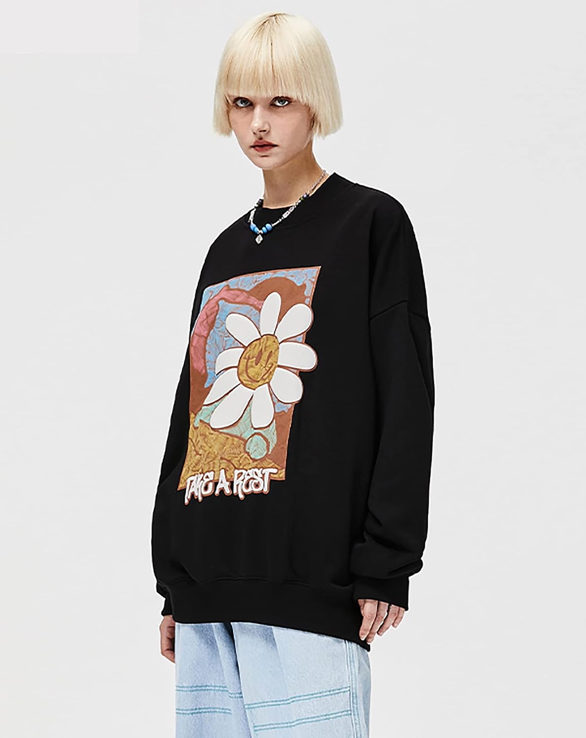 Niepce Inc Streetwear Crewneck Daisy Graphic Men's Sweatshirt Pullover (Black3, X-Large)