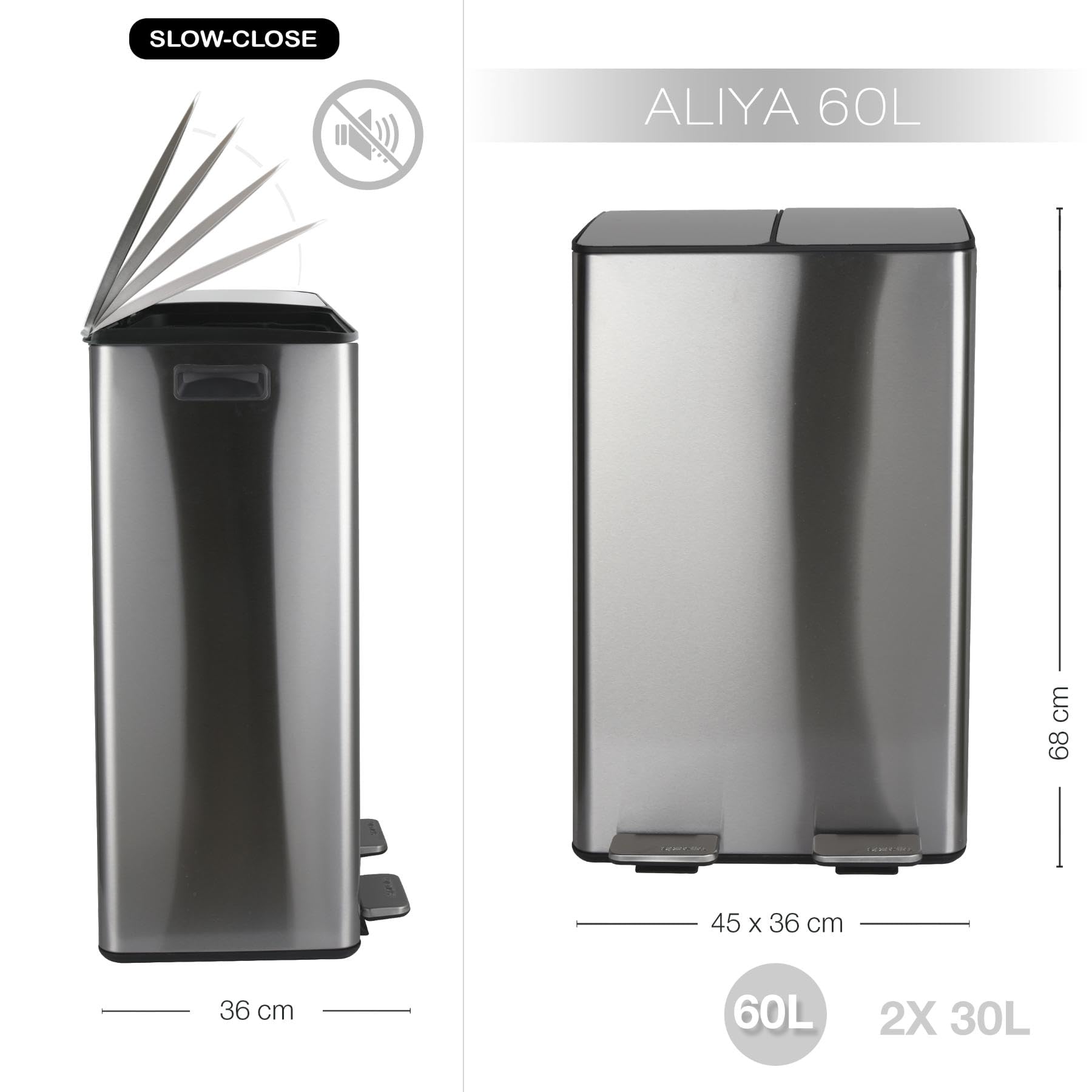 Spirella – Küchenabfalleimer, 60 l Fassungsvermögen (2 x 30 l) mit Pedal – Modell Aliya – Gebürsteter Edelstahl – Deckel mit Soft-Close-Funktion – Herausnehmbare Eimer – Seitliche Griffe – Edelstahl