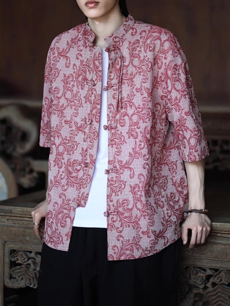 Men's Chinese Style Short Sleeved Shirt Stand-Up Collar Kung Fu Tang Suit Summer Casual T-Shirt Tops