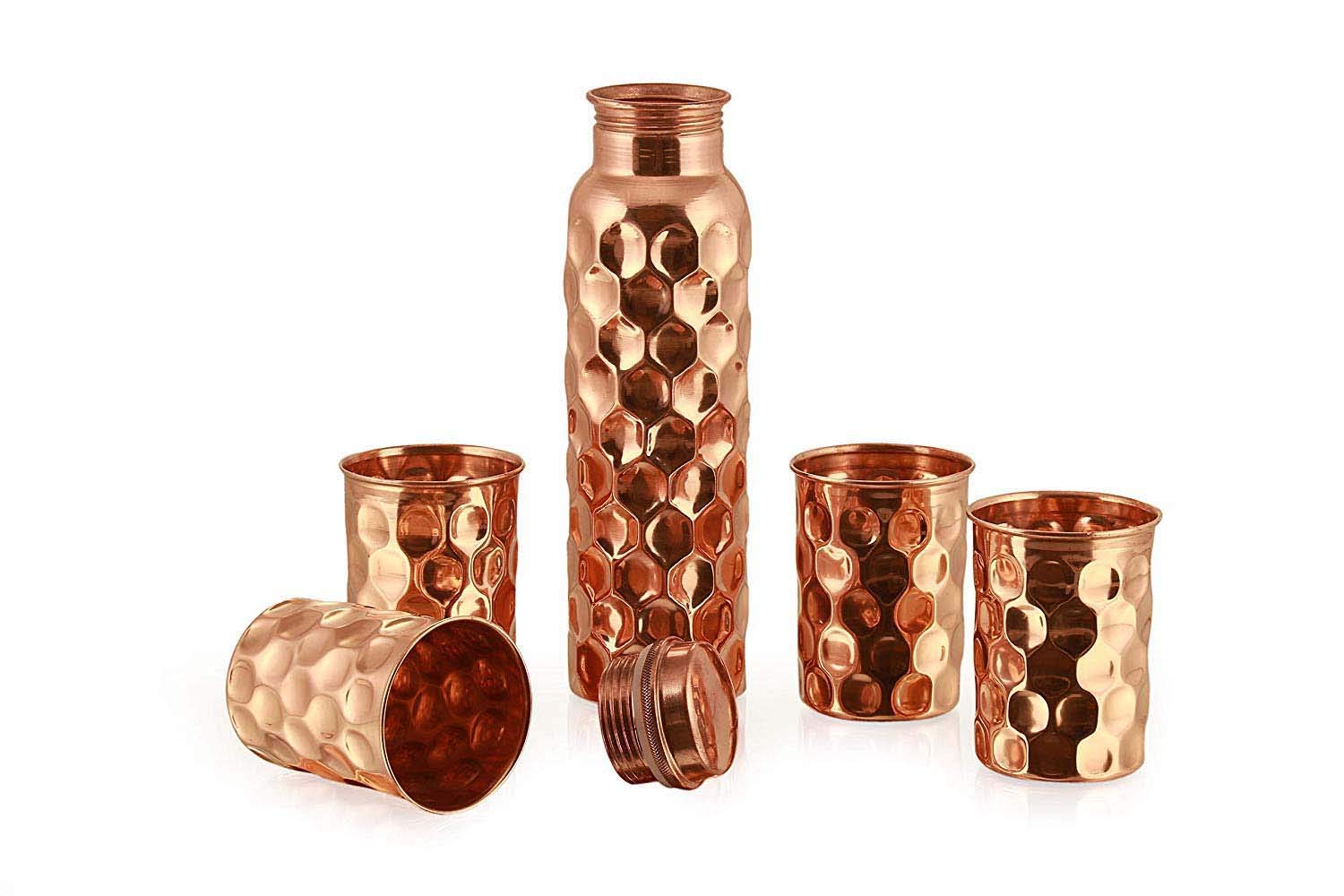 Abn Fashion Pure Copper Water Bottle With 4 Glass Tumbler Diamond Drinkware Ayurveda Benefit