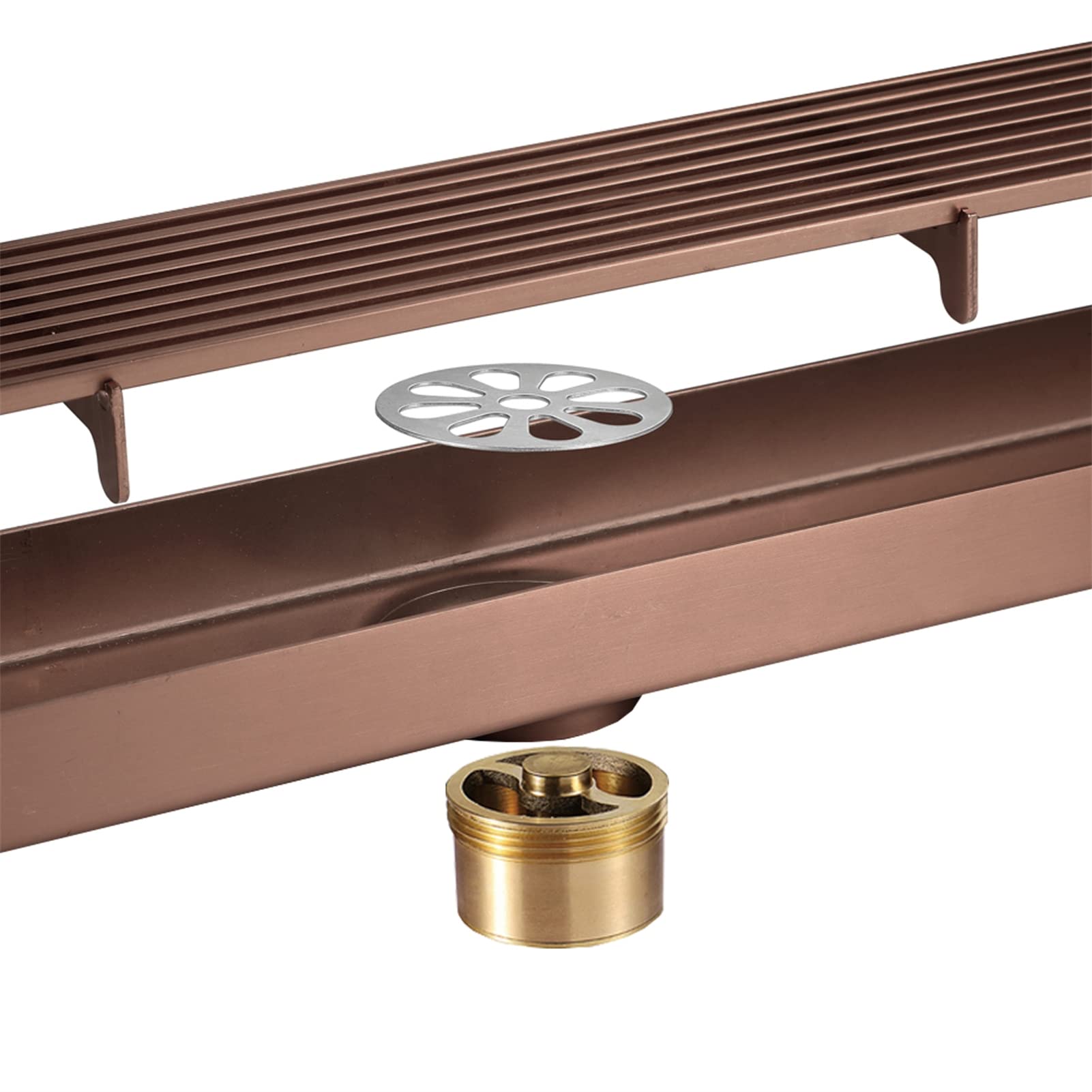 Drain de Sol de Ligne 68x600mm, Drain de Douche en Acier Inoxydable pour Salle de Bain, Filtre à eaux usées avec Couvercle Amovible et vanne en T, Or Rose