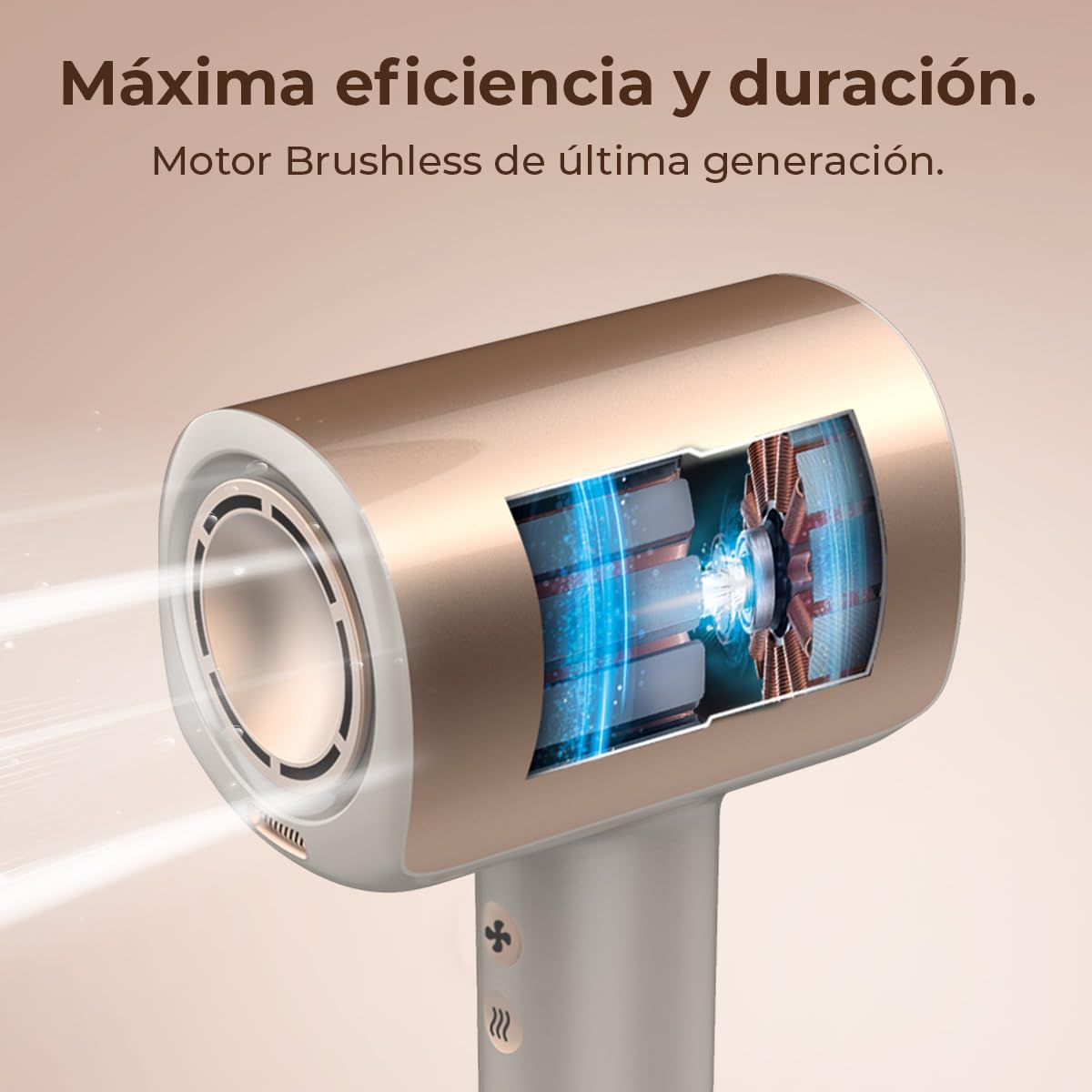Cecotec Secador de Pelo Brushless de Última Generación DryGlam Nano Plasma Champagne. Potencia de 110,000 RPM y 1600W, Función de Plasma, Gran Flujo de Aire, Duradero, 3 Temperaturas y 3 Velocidades