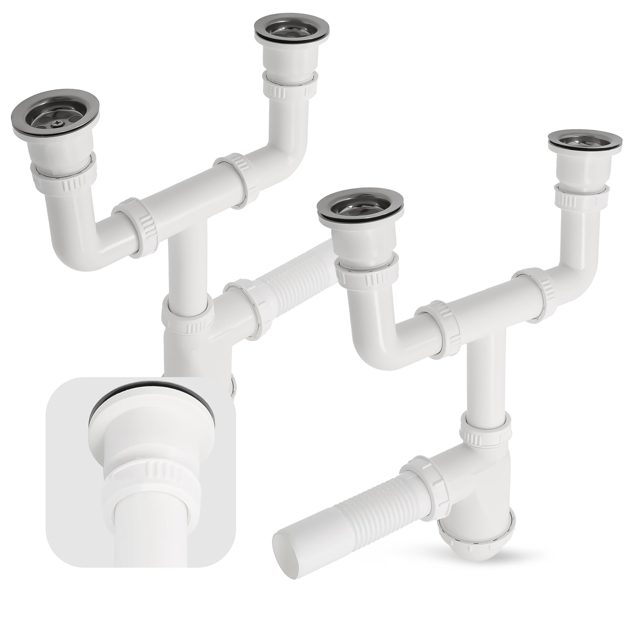Sifón doble de 50 mm para lavabo doble con colador de desagüe, colador de metal y tapón para fregadero, sifón para fregadero, accesorios para baño, fregadero de cocina, tubo de desagüe