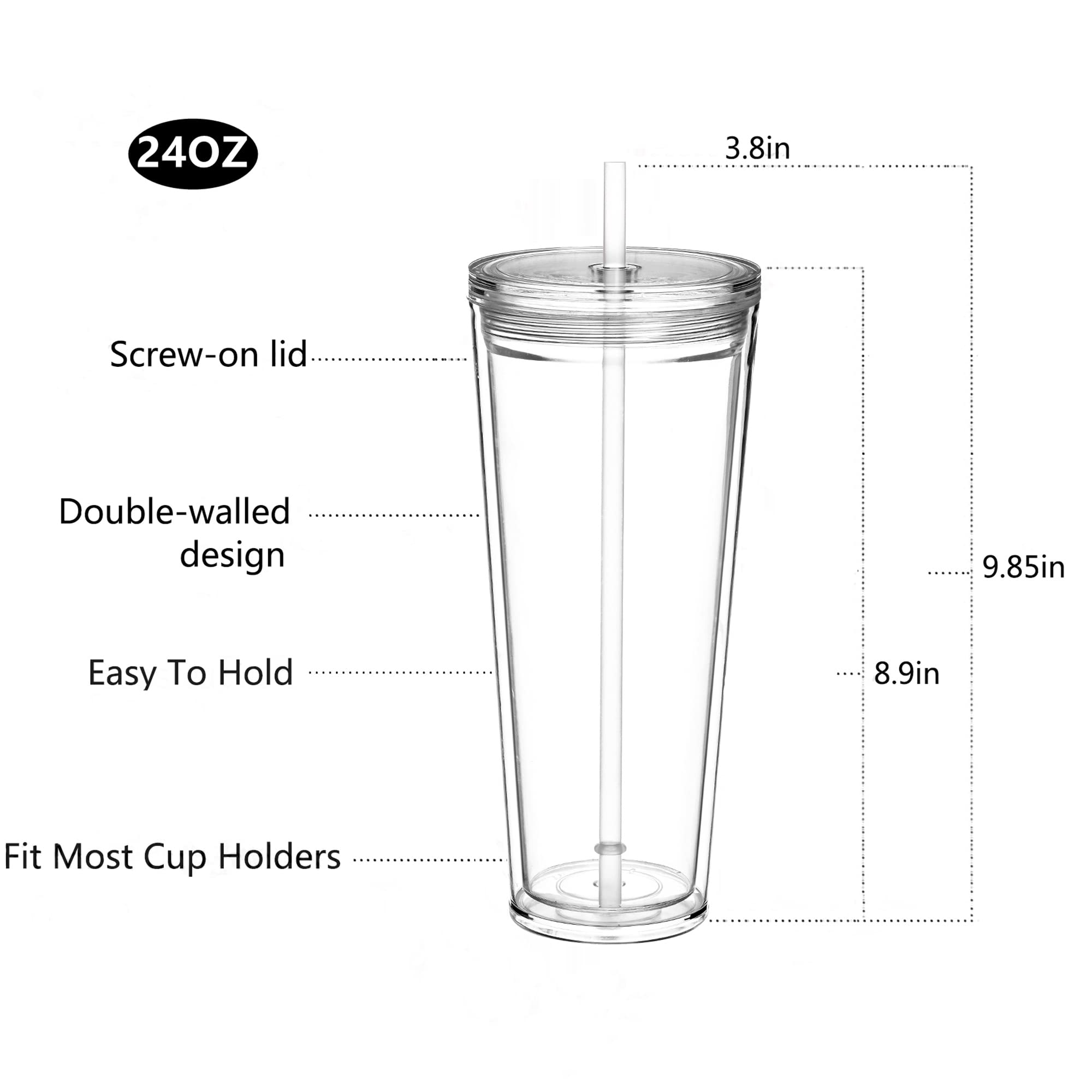 Isolierte Trinkgläser, doppelwandig, transparente Kunststoffbecher, 3 Stück, 680 ml, Becher mit Deckel und Strohhalmen, Geburtstage, Geschenke (3 Packungen transparent)