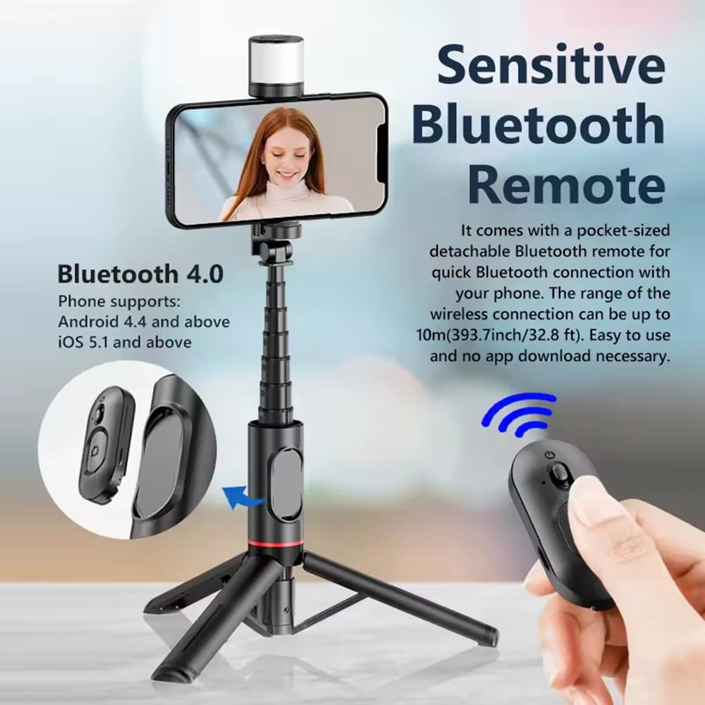 Selfie Stick KOMI 4 In 1 - Con Treppiede, Luce LED, Telecomando, Estensibile Fino A 100cm