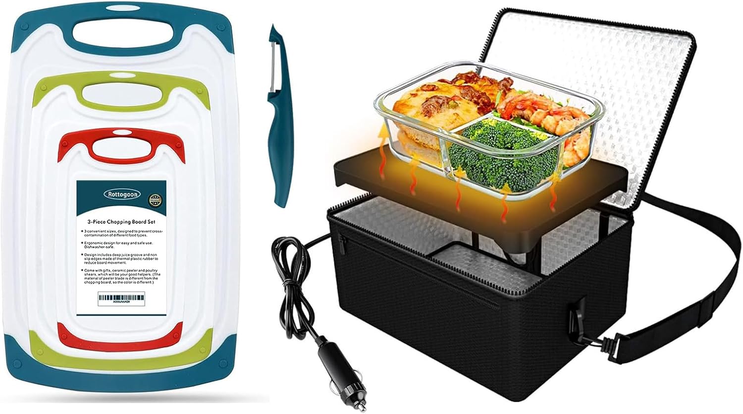 Plastic Chopping Board Set of 4 with Non-Slip Feet and 12V Portable Food Warmer Personal Portable Oven Mini Electric Heated Lunch Box，all are perfect companions in daily life.