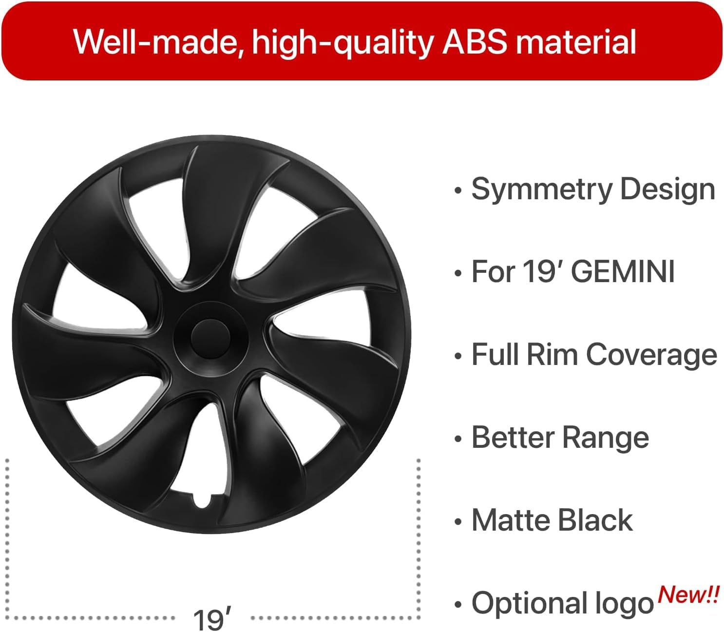 KAVANIC Fits for Tesla Model Y Wheel Cover Hubcap 19 Inch Matte Black Support Logo (1 PCS - Side1) Blade Style 2020-2024 Model Y Gemini Wheel Cover Replacement