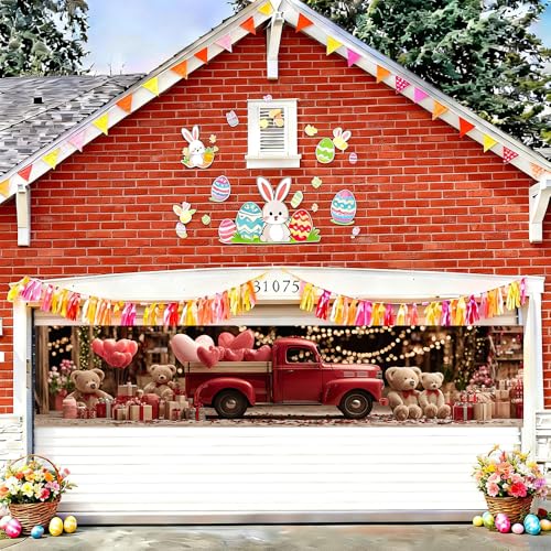 Image of Valentine Banner 78.74 x 17.72 Inch Red Pickup Truck with Teddy Bears Hearts and Gifts Romantic Festive Scene for Porch Sign Hanging Decoration Valentine Party Display