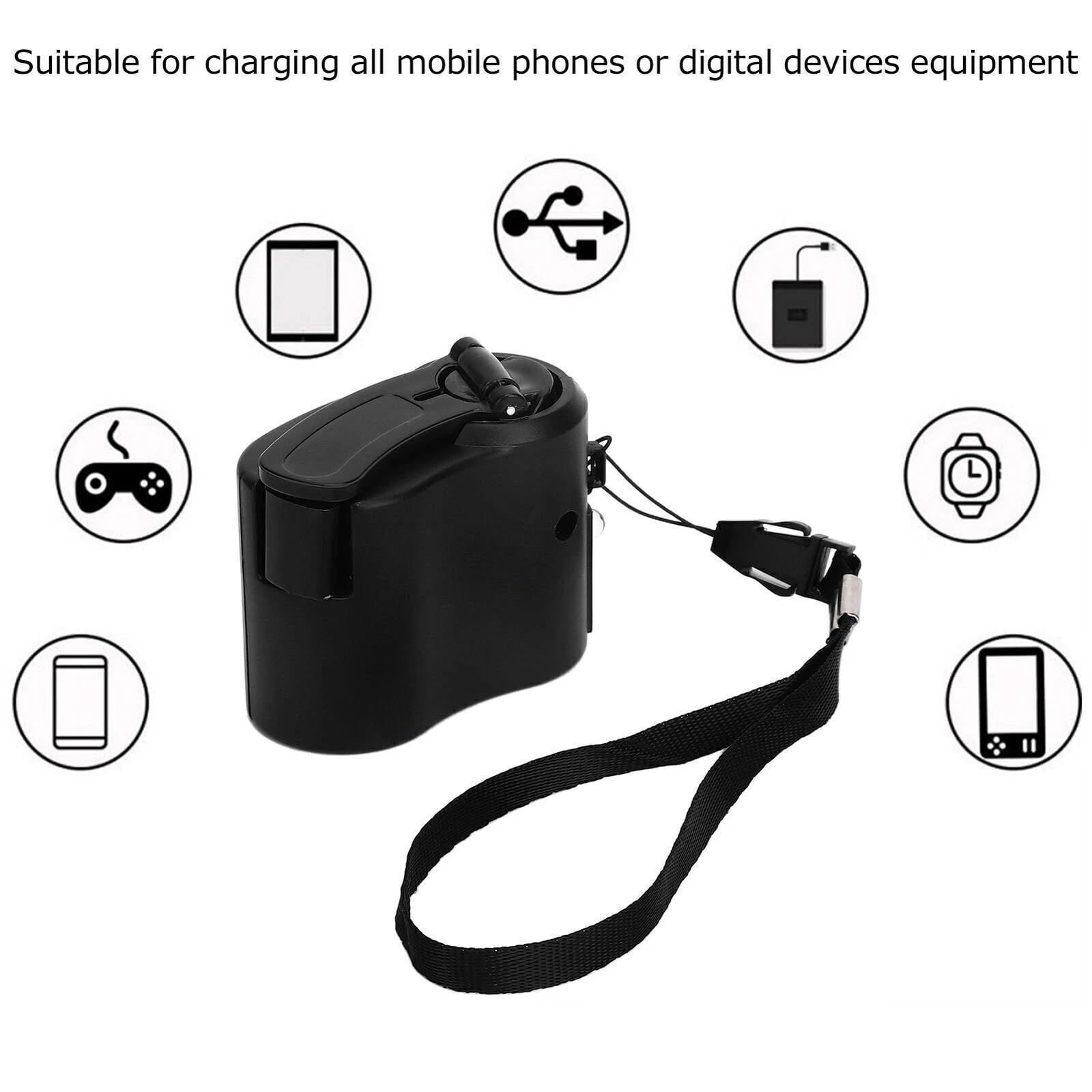 Handkurbel-Notfall-USB-Ladegerät, tragbarer 5,5-V-USB-Dynamo, ohne Akku, LED-Licht, Dynamo-Generator, Schnelllade-Handy-Ladegerät, Handkurbel-Werkzeuge für Outdoor, Wandern, Klettern (schwarz, 1