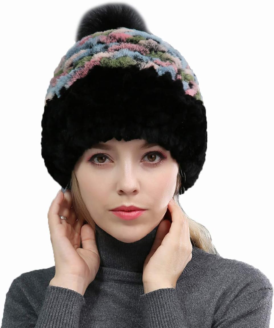 Knit Hat Genuine Rex Rabbit Hair Cap with Fox Hair Ball Pompom Women Color Stitching Warm Hats