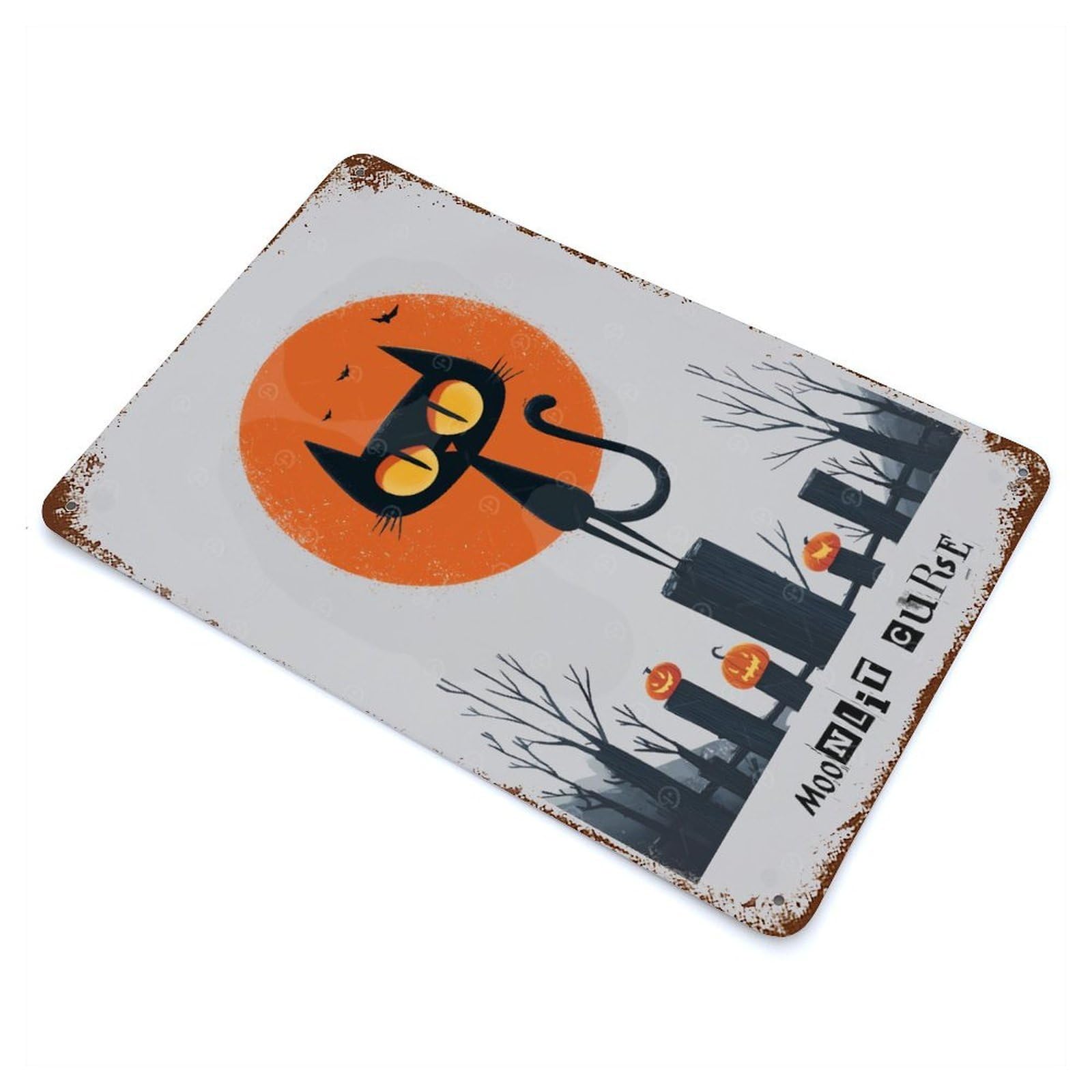 Moonlit Curse — Black Cat Halloween Art Rusty Metal Tin Sign 11.8"x7.9", for Basement, Hobby Room And Garage Decor, Retro Wall Decor