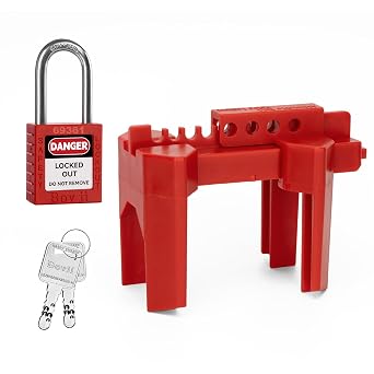 Adjustable Ball Valve Lockout with Safety Padlock, 1/2 to 2-1/2" | Adjustable red ABS device with double-row lock holes for tool-free setup on water shutoff valves, irrigation and maintenance