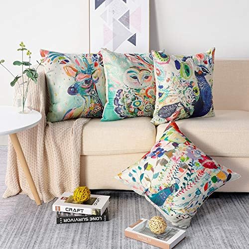 Artscope Decorative Cushion Covers for Sofa Couch Soft Polyester Linen Throw Pillow Covers Pillowcases with Invisible Zipper 45 x 45 cm Set of 4 (Colorful Painted Animal)