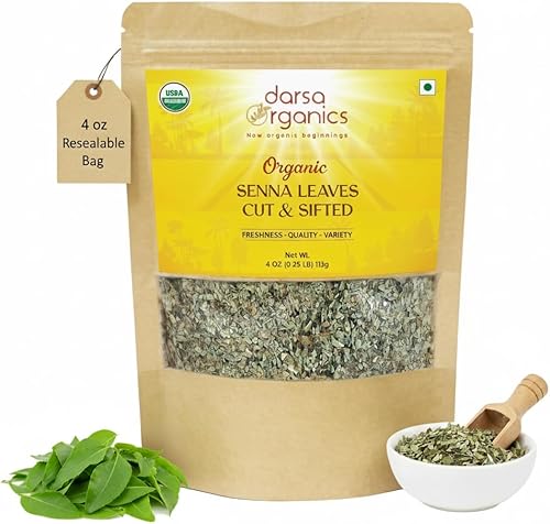 Darsa Organics Hojas Senna cortadas y tamizadas 4 onzas  Certificado orgánico USDA de primera calidad Cassia Angustifolia, laxante natural que apoya