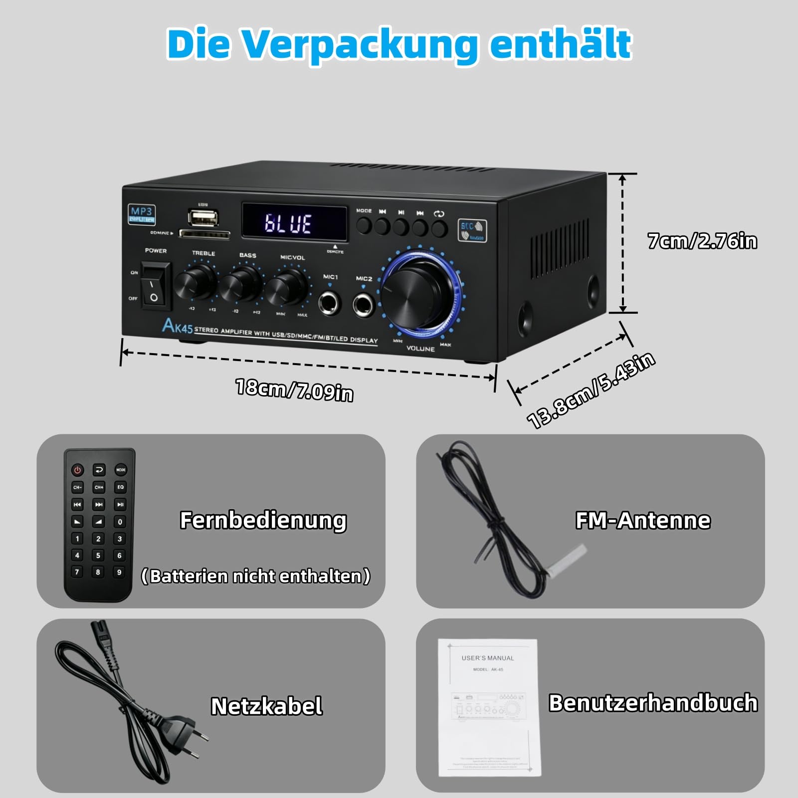 AK45 HiFi wzmacniacz Bluetooth Mini Stereo Audio Receiver 2.0-kanałowy wzmacniacz dźwięku z radiem FM, wejściem na kartę SD/USB, mikrofon do karaoke, regulator basów i wysokości, do domu, samochodu