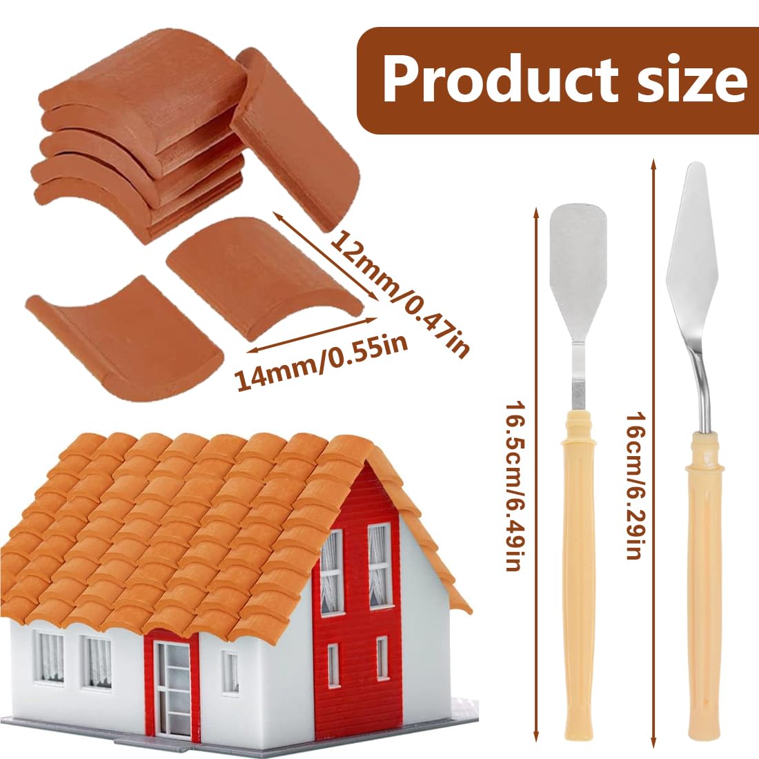 IKOPFLN 100pcs Tegole per Tetti Tegole in Miniatura 1:16 Mini Piastrelle nel Miniatura Rosse per Micro Paesaggio, Fai da Te Casa delle Bambole in Mattoni Con 2 mini spatole