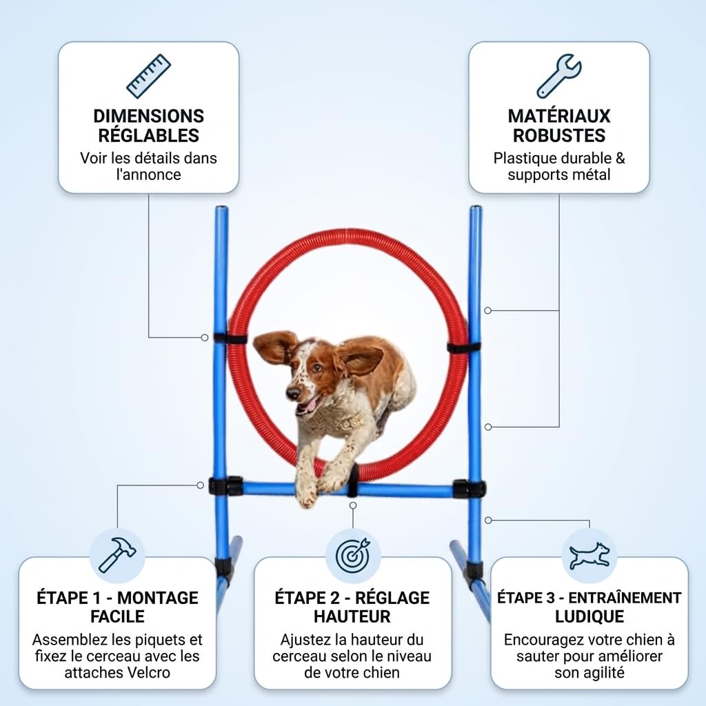 Cerceau d’Agilité pour Chien en Plastique avec Supports Métalliques Ajustables – Entraînement Canin Ludique et Renforcement de l’Agilité et de la Coordination