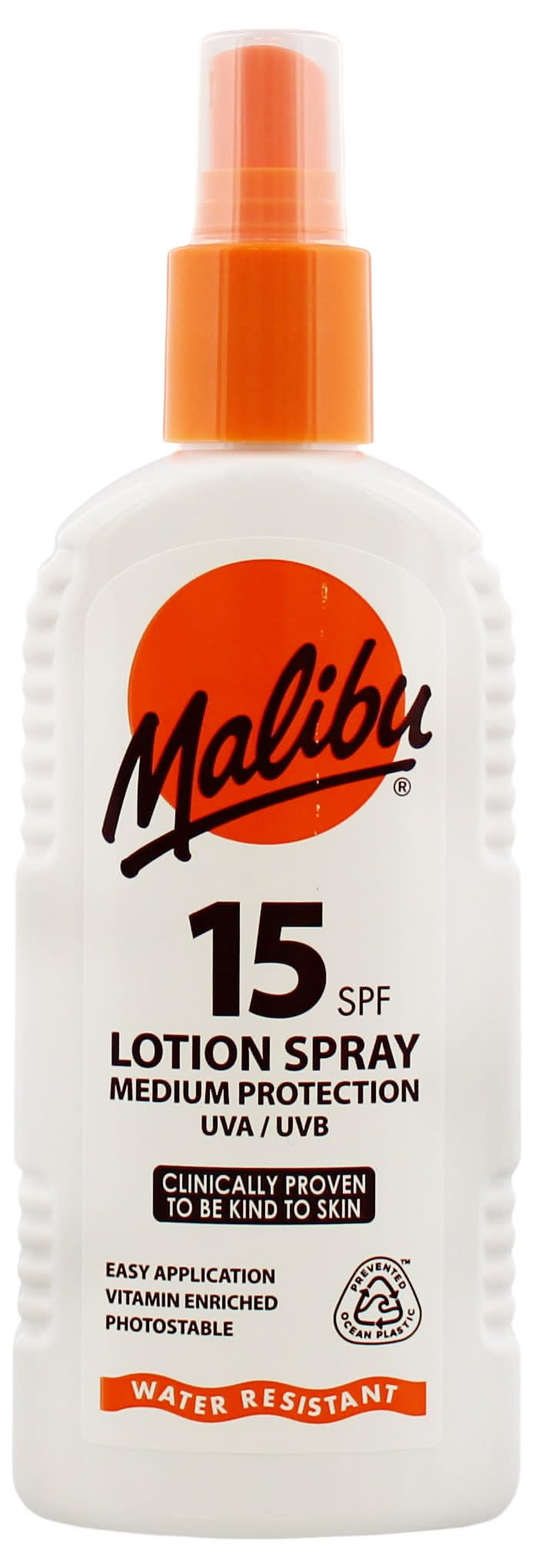 Malibu Sun SPF 15 Lotion Spray, Medium Protection Sun Cream, Water Resistant, Vitamin Enriched, with Shea Butter Extract, 200ml