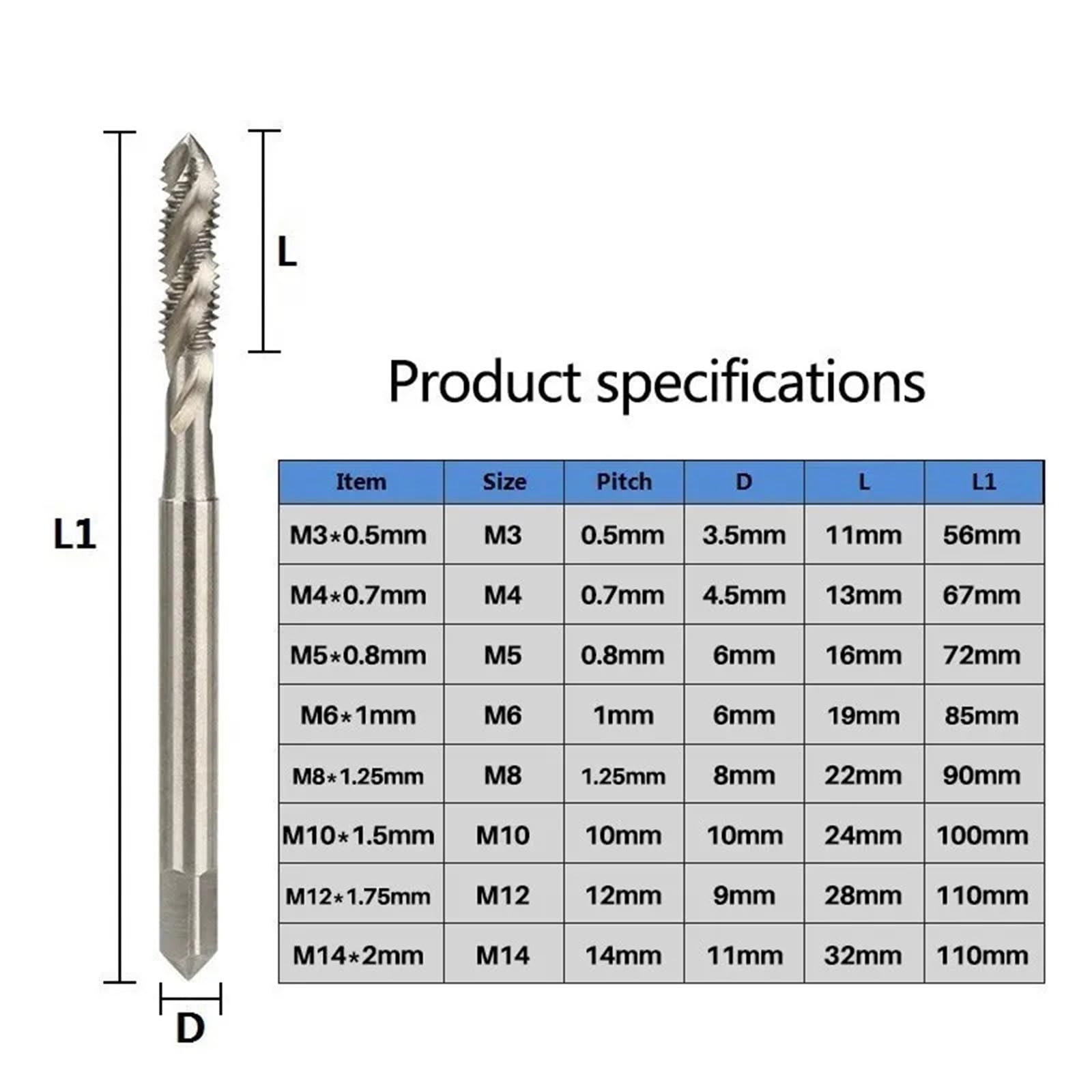 Macho de máquina M3/M4/M5/M6/M8/M10/M12/M14, Macho de roscar métrico con Ranura en Espiral, Herramientas manuales de roscado de vástago Reforzado DIN371(M14x2.0)