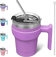 Vista 1 de BJPKPK - Vaso de 10 onzas con asa, vaso aislado con tapa y pajilla de acero inoxidable, taza de viaje para café, color lavanda