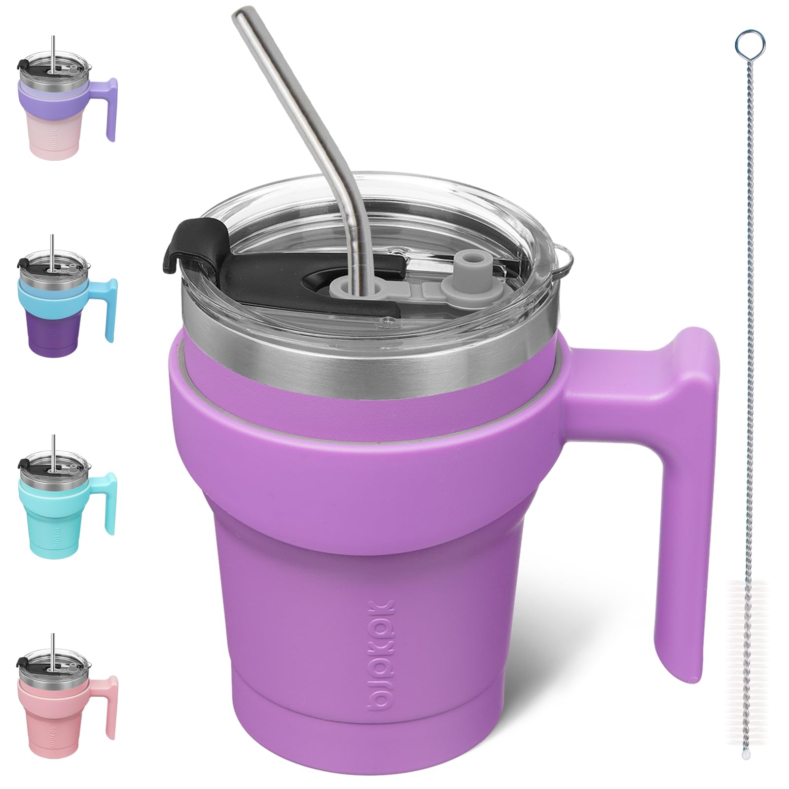 BJPKPK 300ml Travel Mug with Handle and Straw, Double Wall Vacuum Insulated Stainless Steel Travel Mug for Water or Coffee, Light Pink