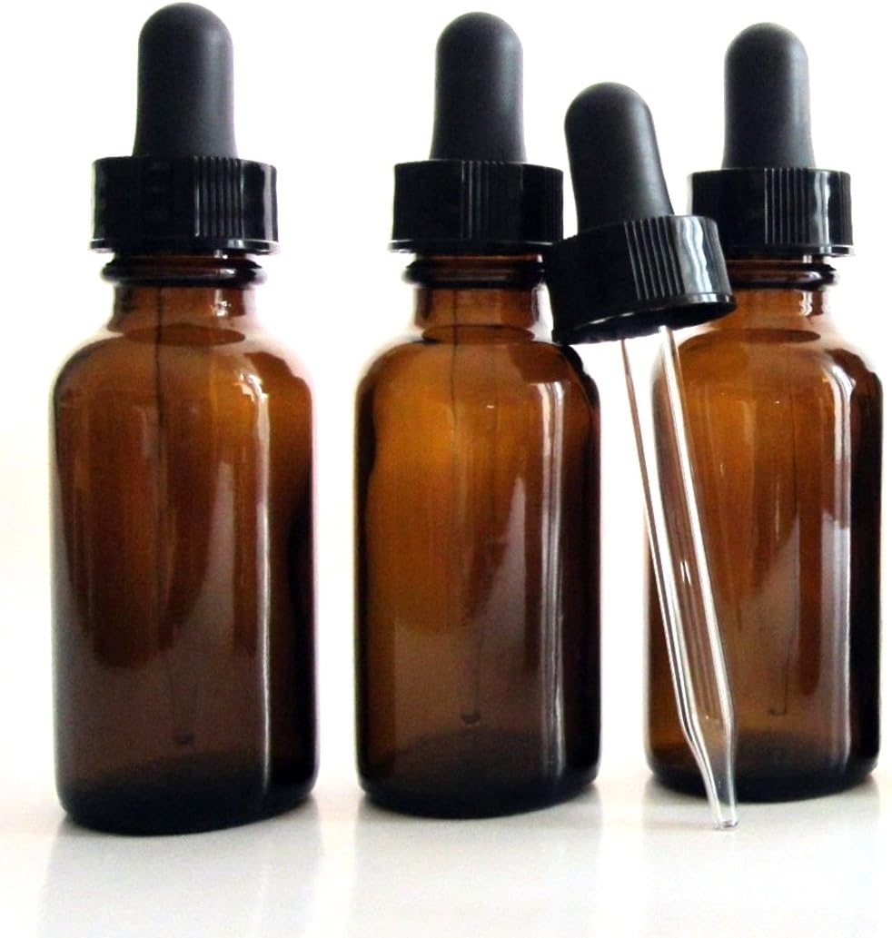 1/2 Oz (15ml) Boston Round Glass Amber Bottles w/Glass Dropper (Pack of 10)