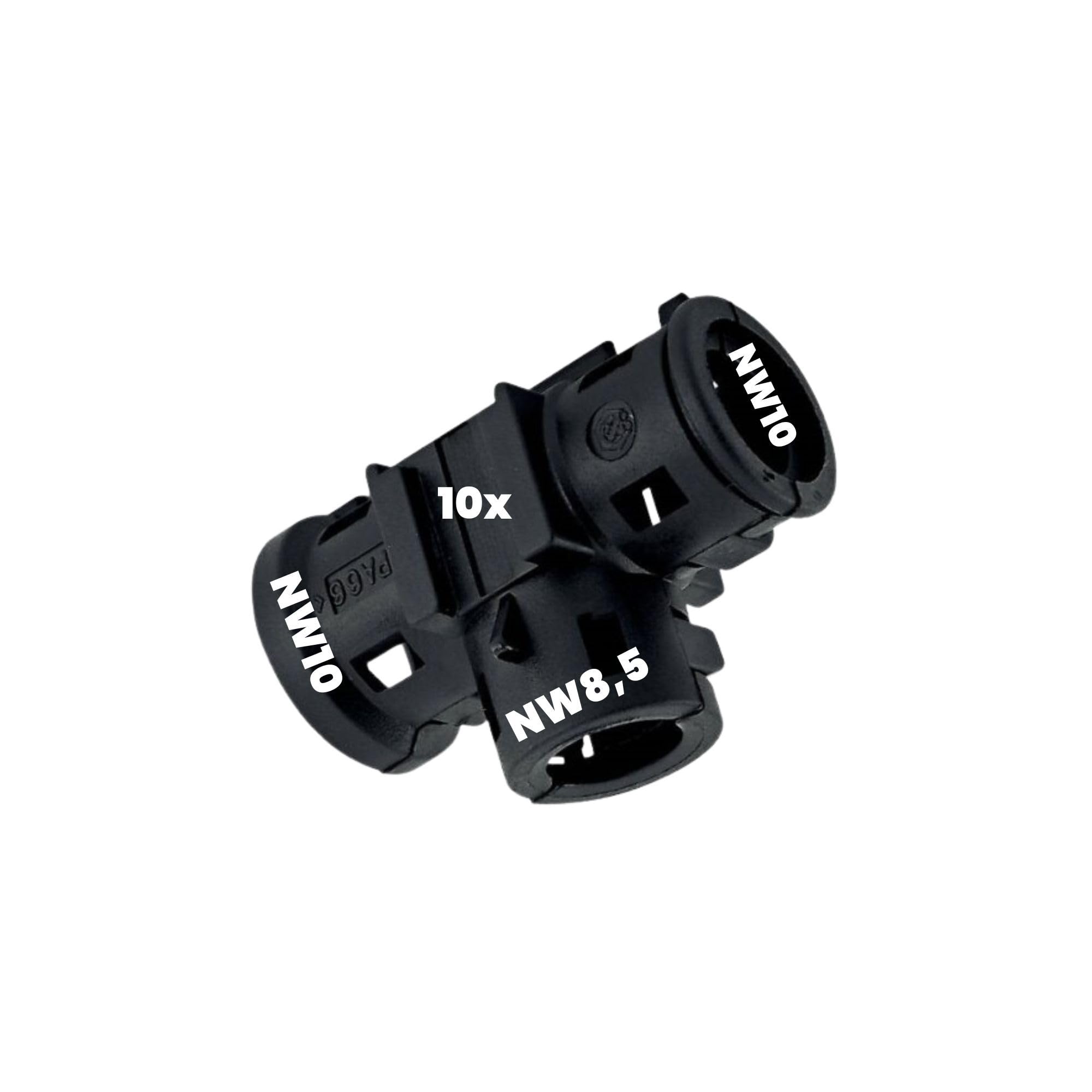 Kalitec 9806086 - Distributore a T a NW 10 – 8,5 – 10 nero, 3 vie, distributore a T, per tubo corrugato, connettore per tubo corrugato, distributore di cavi, ramificazione dei cavi, connettore rapido