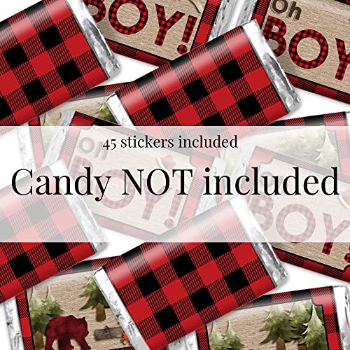 Oh Boy! Outdoorsy Red and Black Plaid Lumberjack Baby Sprinkle Baby Shower Mini Chocolate Candy Bar Sticker Wrappers, 45 1.4" x 2.6" Wrap Around Labels by Amanda Creation, Great for Party Favors - Image 3
