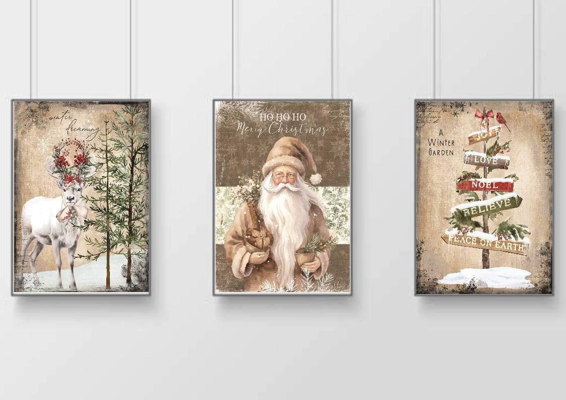 gfc set of 3 christmas Print Picture Poster father christmas believe reindeer A4 UNFRAMED shabby chic country vase wall art Home decor Decorating