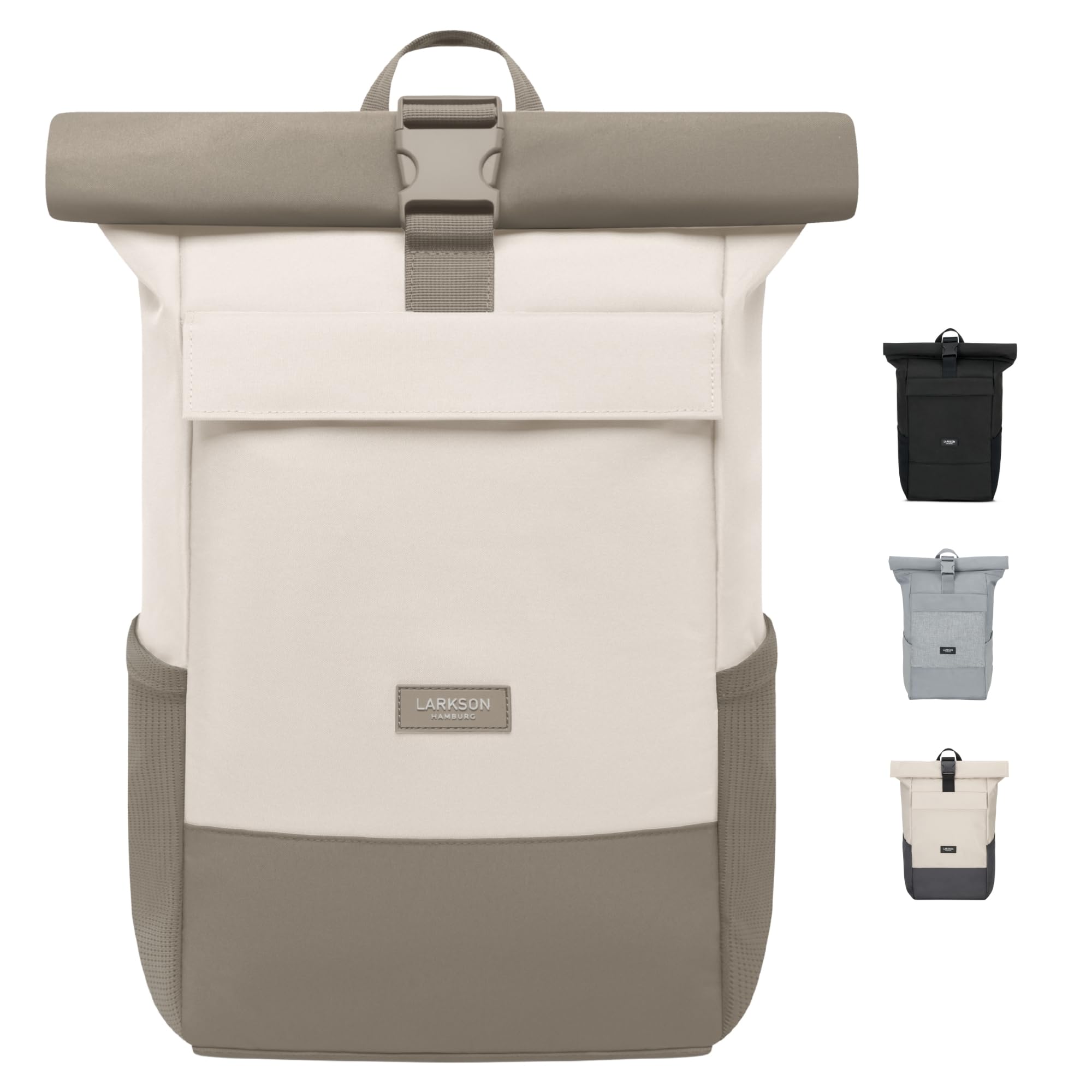 Larkson Roll Top Backpack Women & Men Cream Grey - No 4 - Rucksack for University, School, Office - College Laptop Bag 16 Inches - Water-Repellent