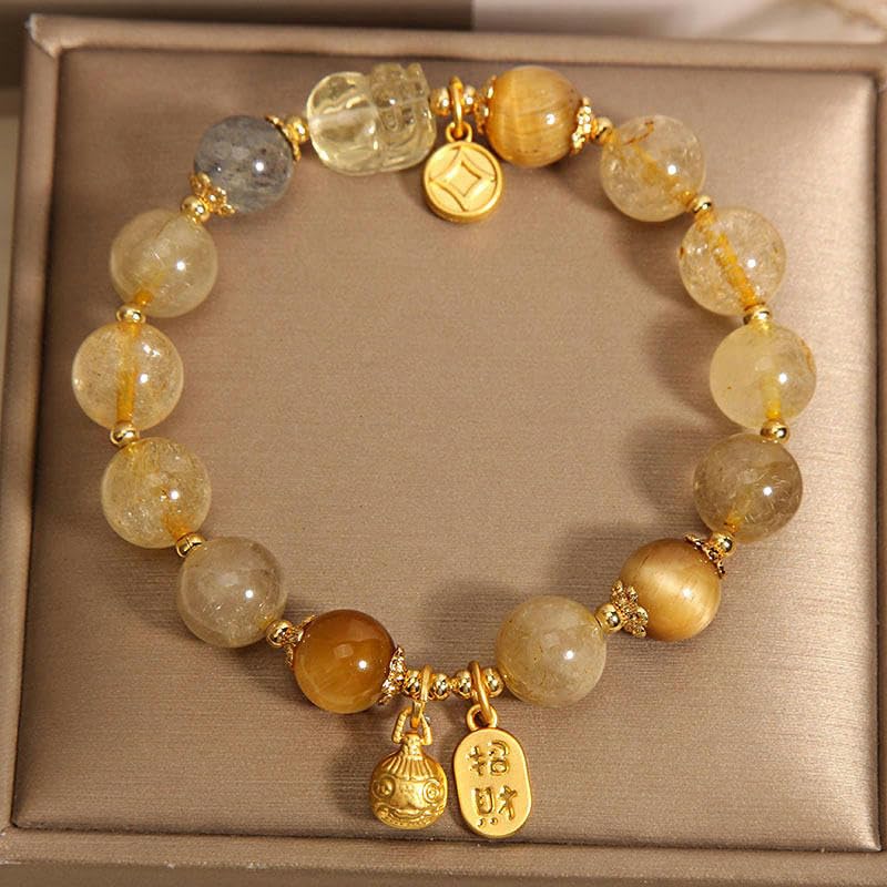 Pulseras Cristal Mujer Elasticos Pulsera De Cuarzo Rutilado Dorado Natural De 8mm Con Piedra Lunar Para Mujer Regalo Para Novia Mejor Amiga