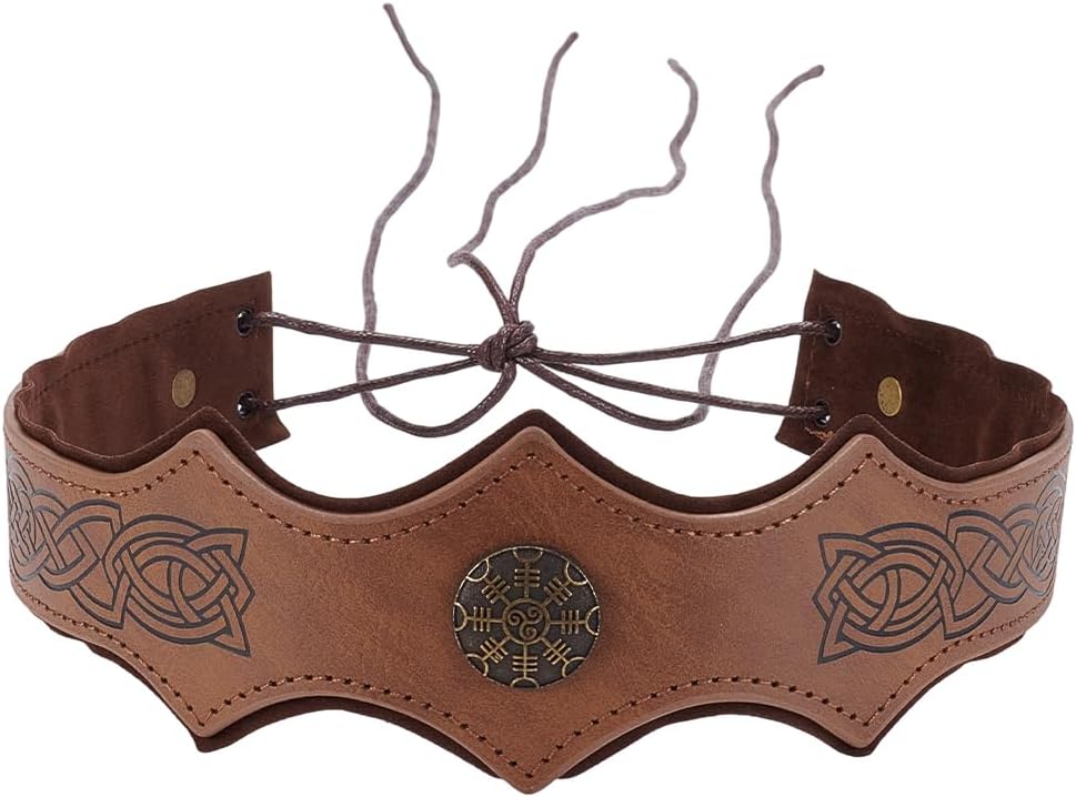Embossed Vintage PU Leather Headband Brown Medieval Retro Headpiece Adjustable Renaissance Viking Leather