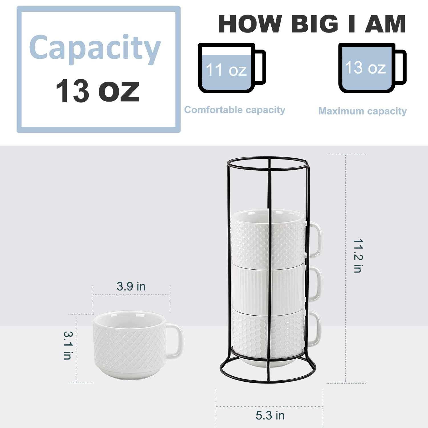 Buyajuju Juego de 4 tazas de café apilables de porcelana con soporte de metal, 13 onzas, apilables, diferentes portavasos de café en relieve para café, té, cacao, bebidas, color blanco