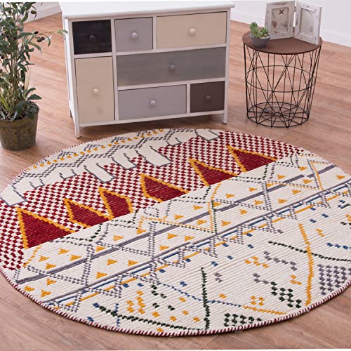 萩原 ラグ ホワイト 直径約140cm 「クームース ガンター」 ウール100% 羊毛 手織り ノルディック エスニック