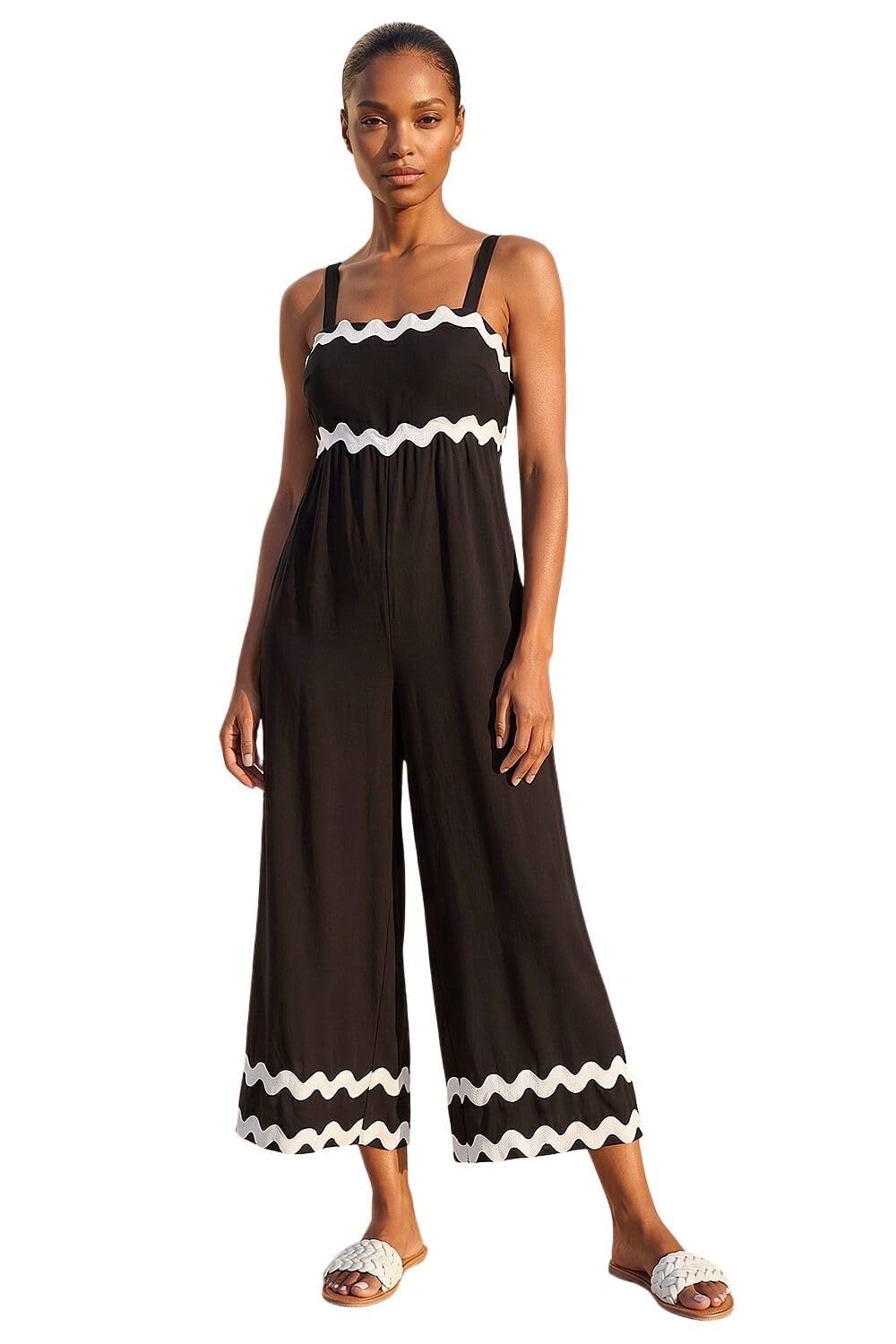 Roman Originals RIC Rac Strap Detail Jumpsuit for Women UK - Ladies Everyday Holiday Spring Summer Square Neckline Comfy Soft Evening Vacation Work Party - Black - Size 14